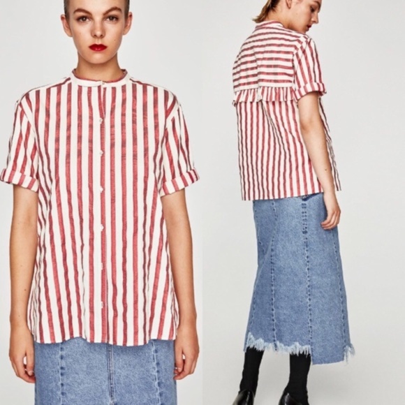 Zara Tops - NWT Zara Trafulac Metallic Red Striped Button Down